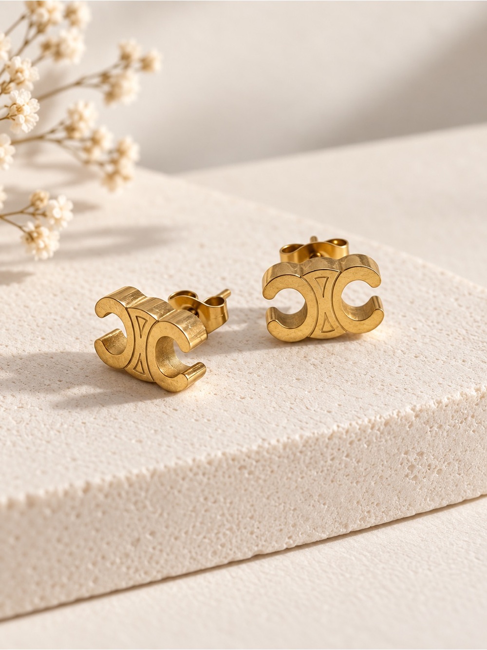 Gold Plated Double-Crescent Stainless Steel Stud Earrings